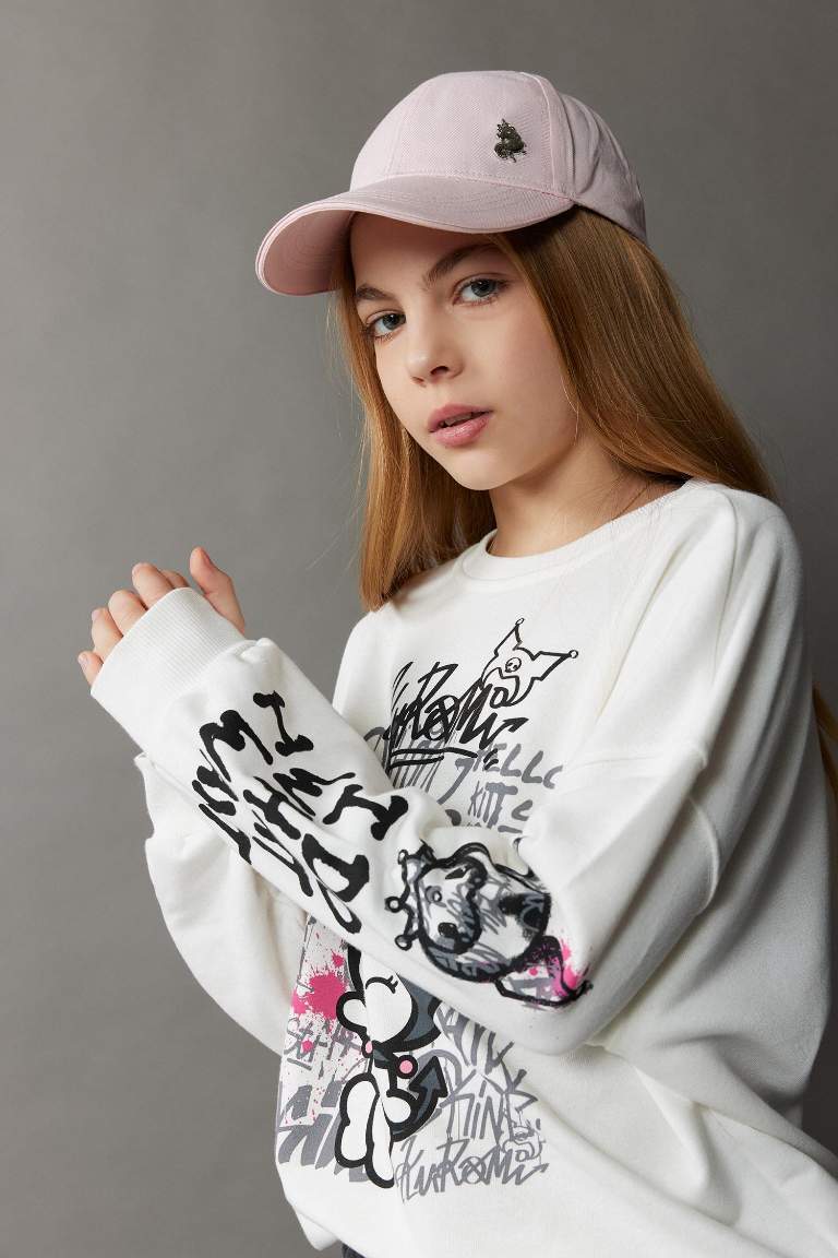 Girl Kuromi Oversize Fit Crew Neck Animal Patterned Sweatshirt