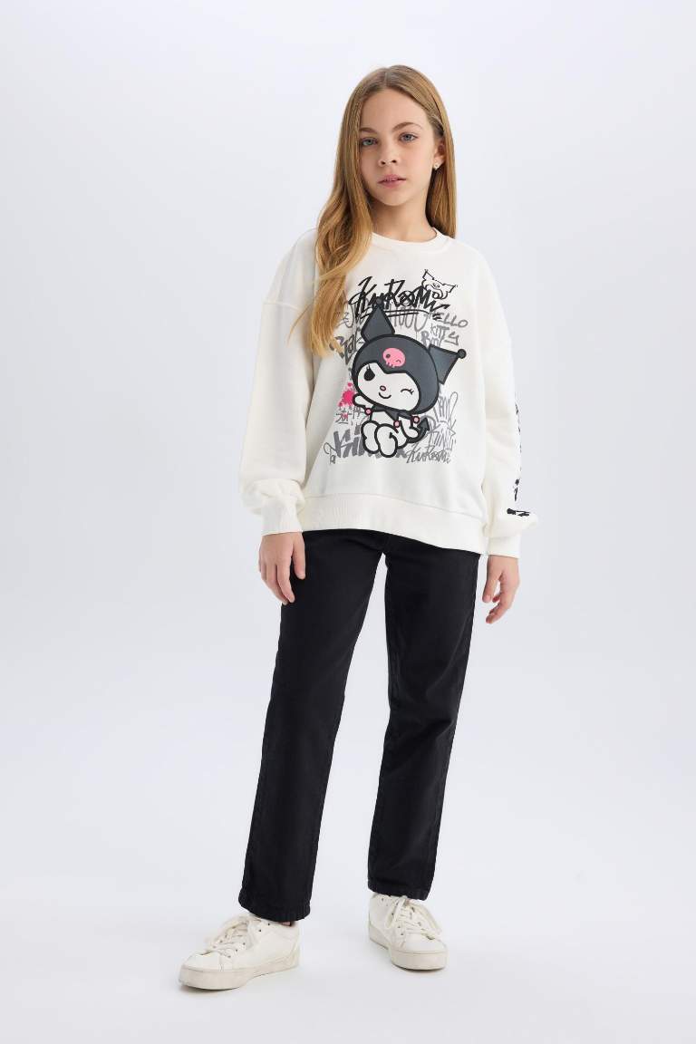 Girl Kuromi Oversize Fit Crew Neck Animal Patterned Sweatshirt