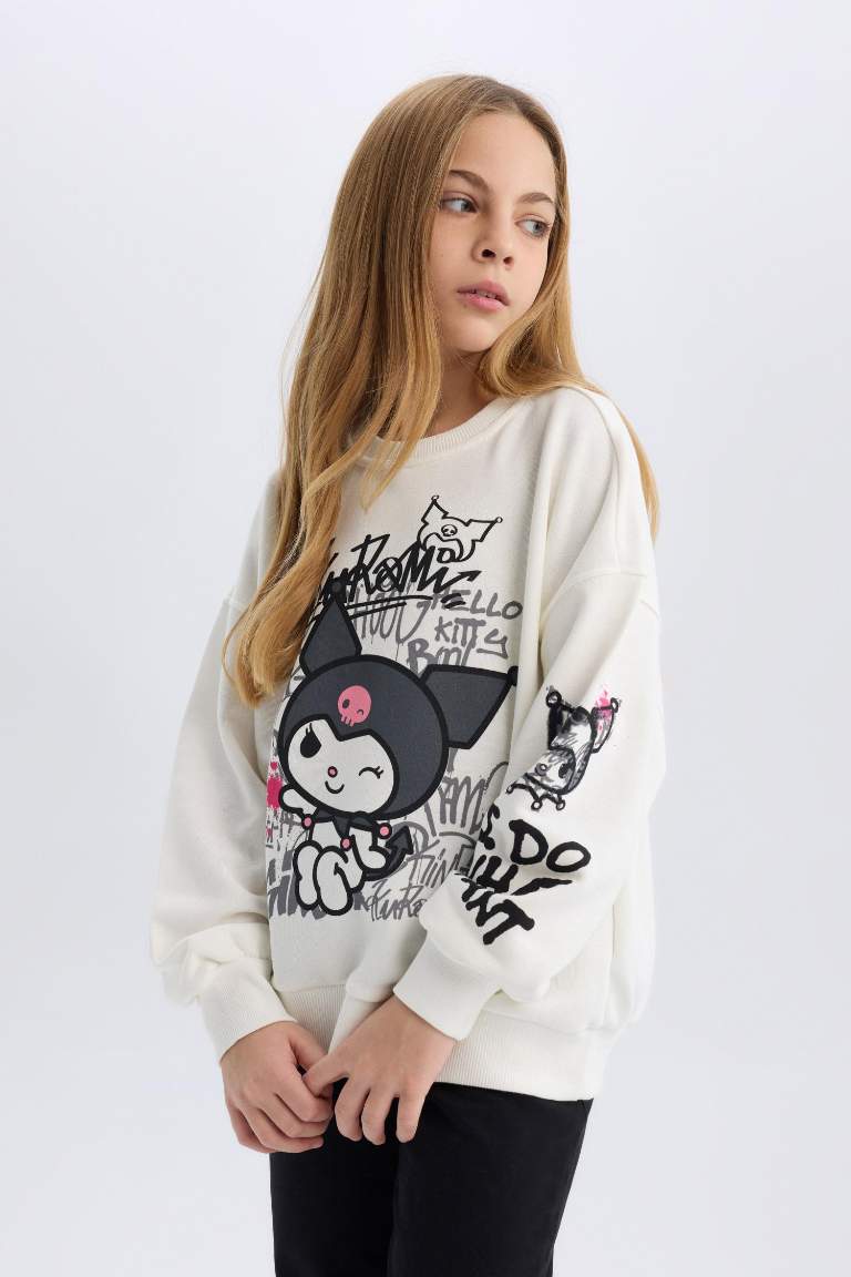 Girl Kuromi Oversize Fit Crew Neck Animal Patterned Sweatshirt