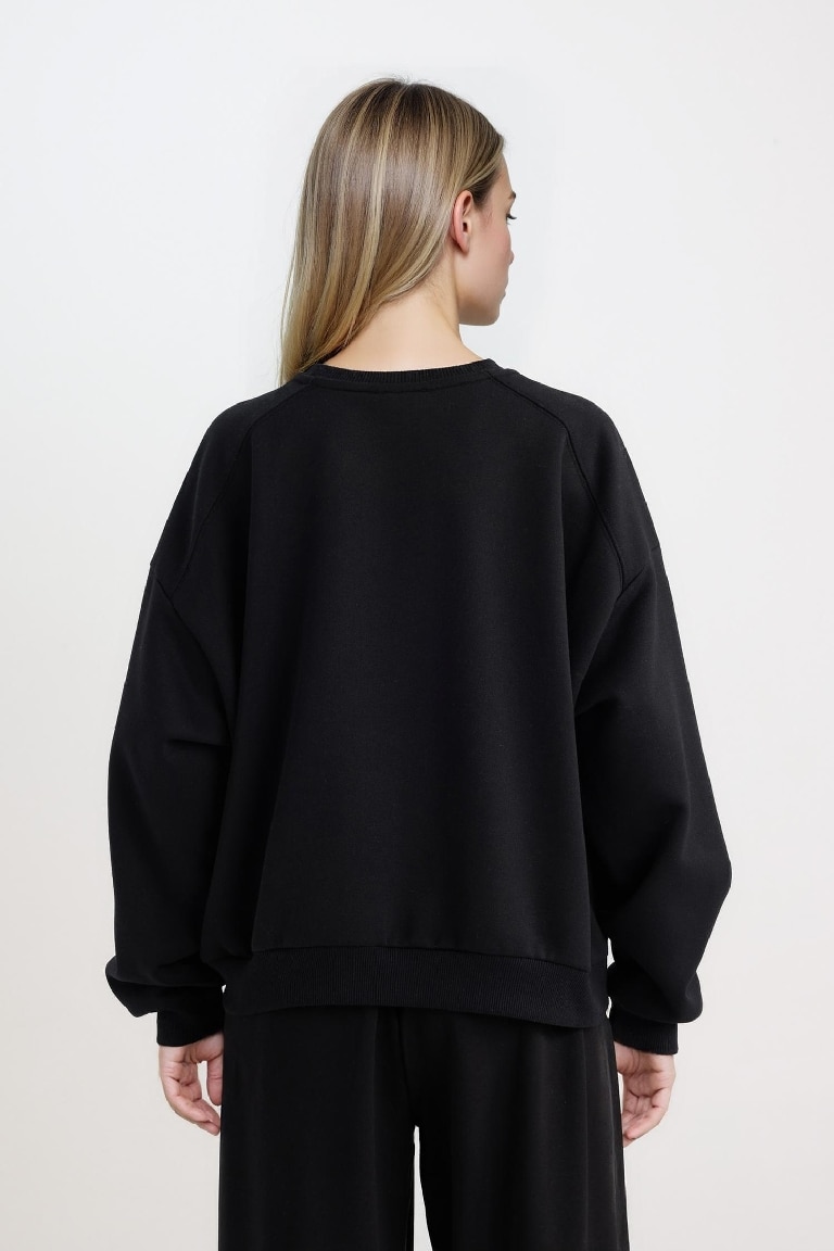 Coool Oversize Geniş Kalıp Bisiklet Yaka Basic Düz Kalın Siyah Sweatshirt