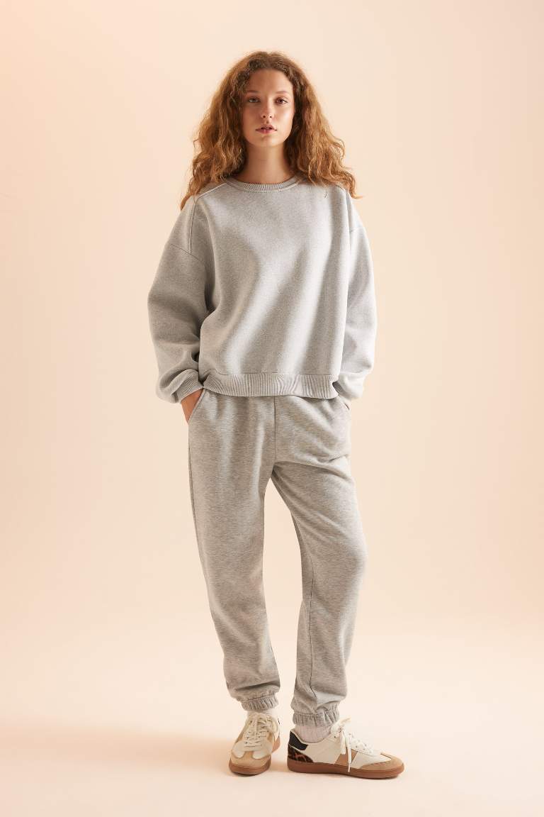Coool Oversize Geniş Kalıp Bisiklet Yaka Basic Düz Kalın Gri Sweatshirt