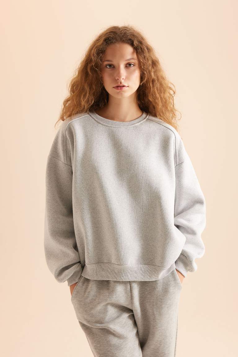 Coool Oversize Geniş Kalıp Bisiklet Yaka Basic Düz Kalın Gri Sweatshirt