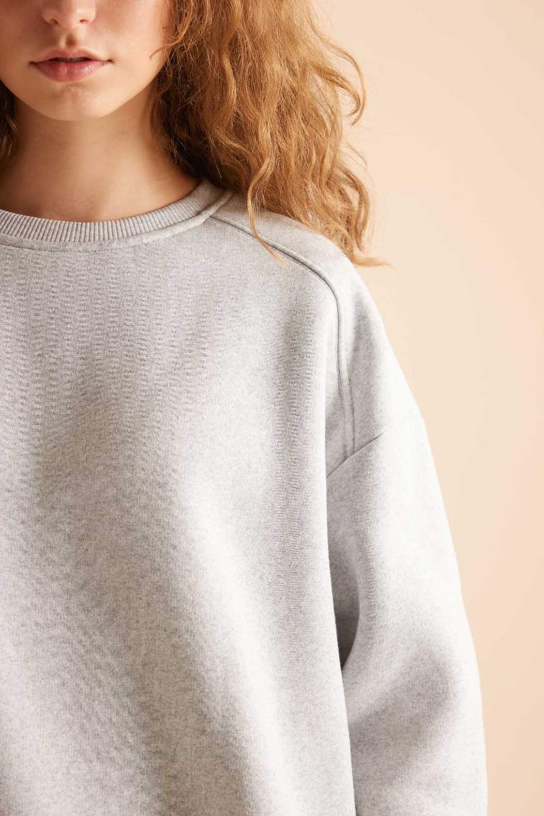 Coool Oversize Geniş Kalıp Bisiklet Yaka Basic Düz Kalın Gri Sweatshirt