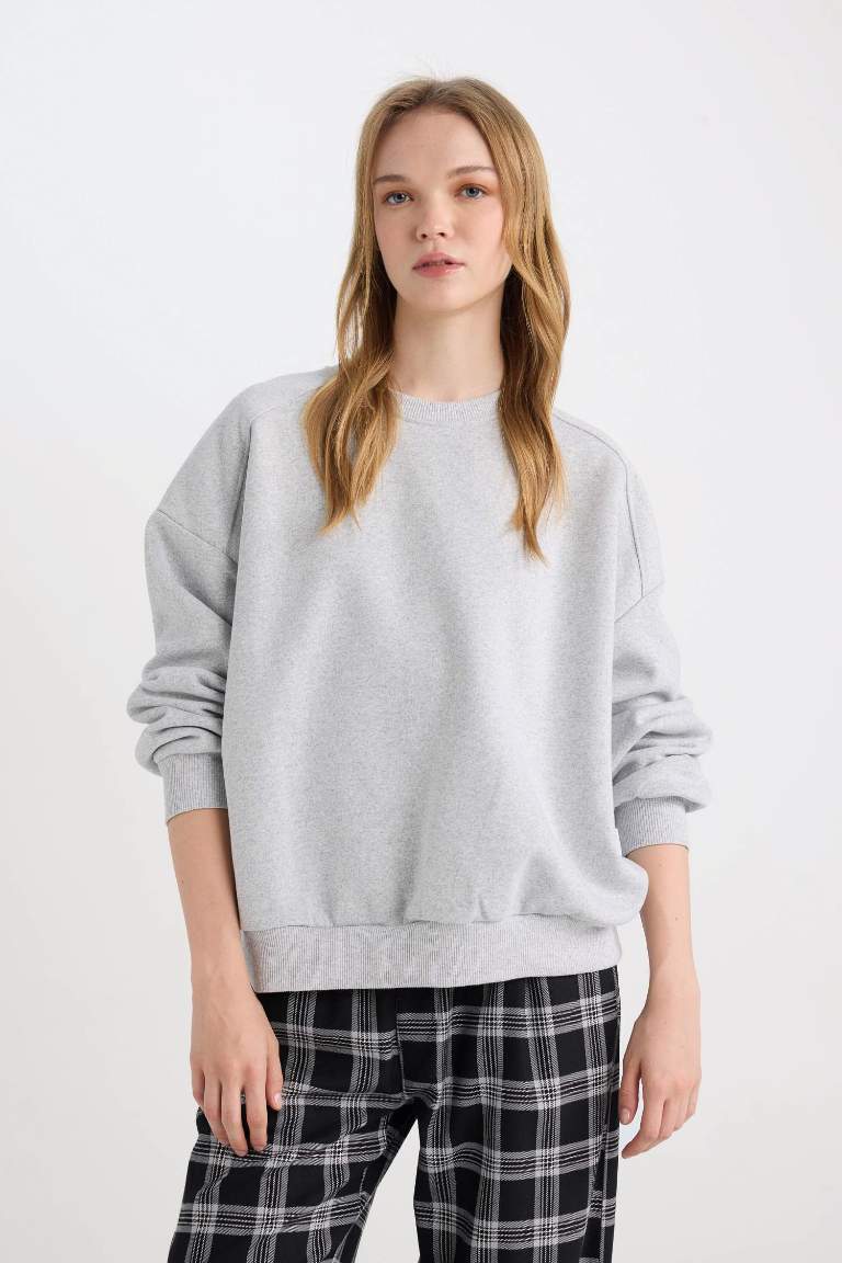 Coool Oversize Geniş Kalıp Bisiklet Yaka Basic Düz Kalın Gri Sweatshirt