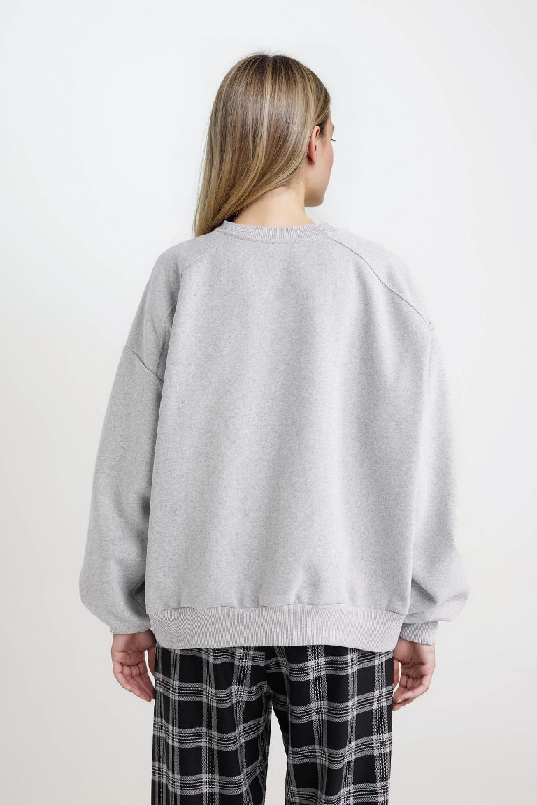 Coool Oversize Geniş Kalıp Bisiklet Yaka Basic Düz Kalın Gri Sweatshirt
