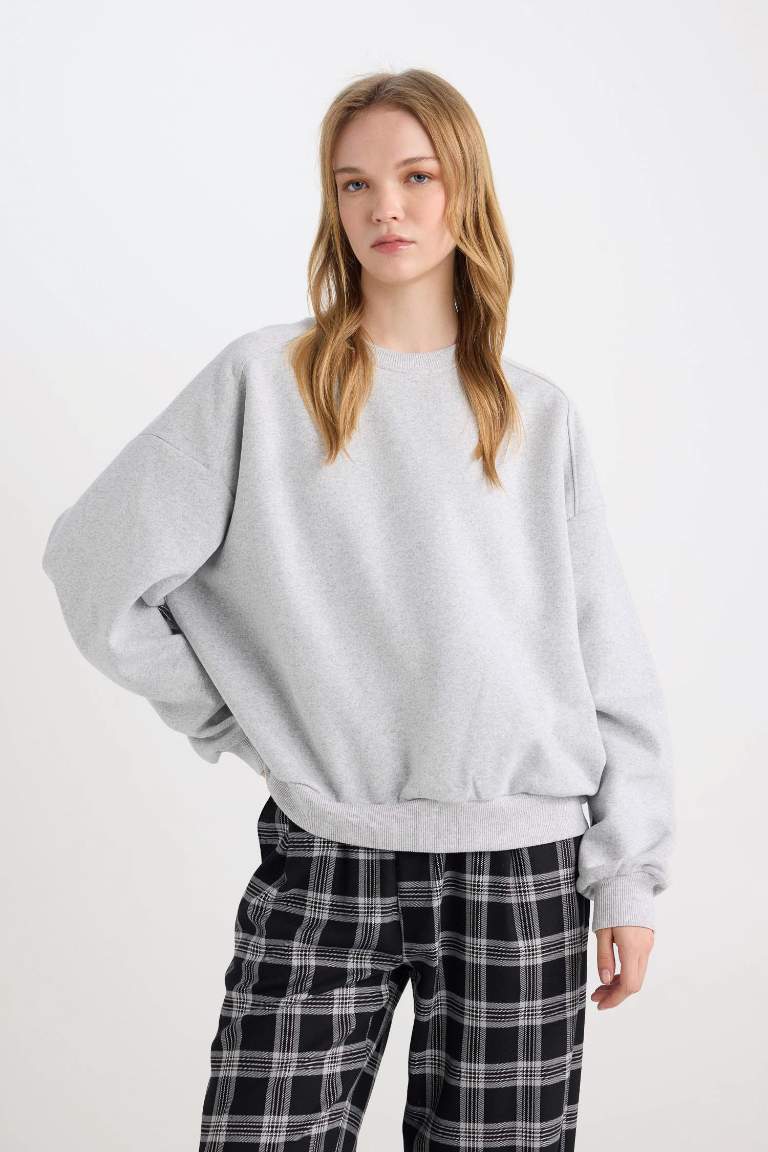 Coool Oversize Geniş Kalıp Bisiklet Yaka Basic Düz Kalın Gri Sweatshirt