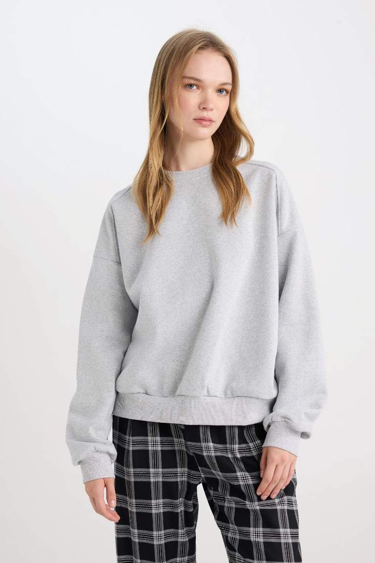 Coool Oversize Geniş Kalıp Bisiklet Yaka Basic Düz Kalın Gri Sweatshirt
