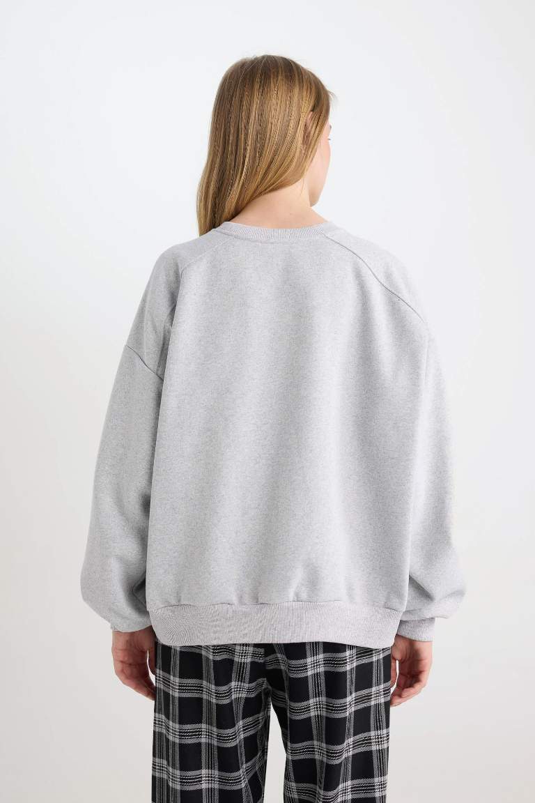 Coool Oversize Geniş Kalıp Bisiklet Yaka Basic Düz Kalın Gri Sweatshirt