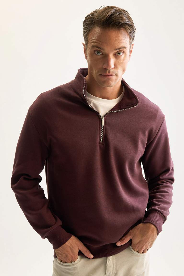 3 İplik Pamuklu Şardonlu İçi Polarlı Comfort Regular Fit Rahat Kalıp Dik Yaka Fermuarlı Kalın Sweatshirt