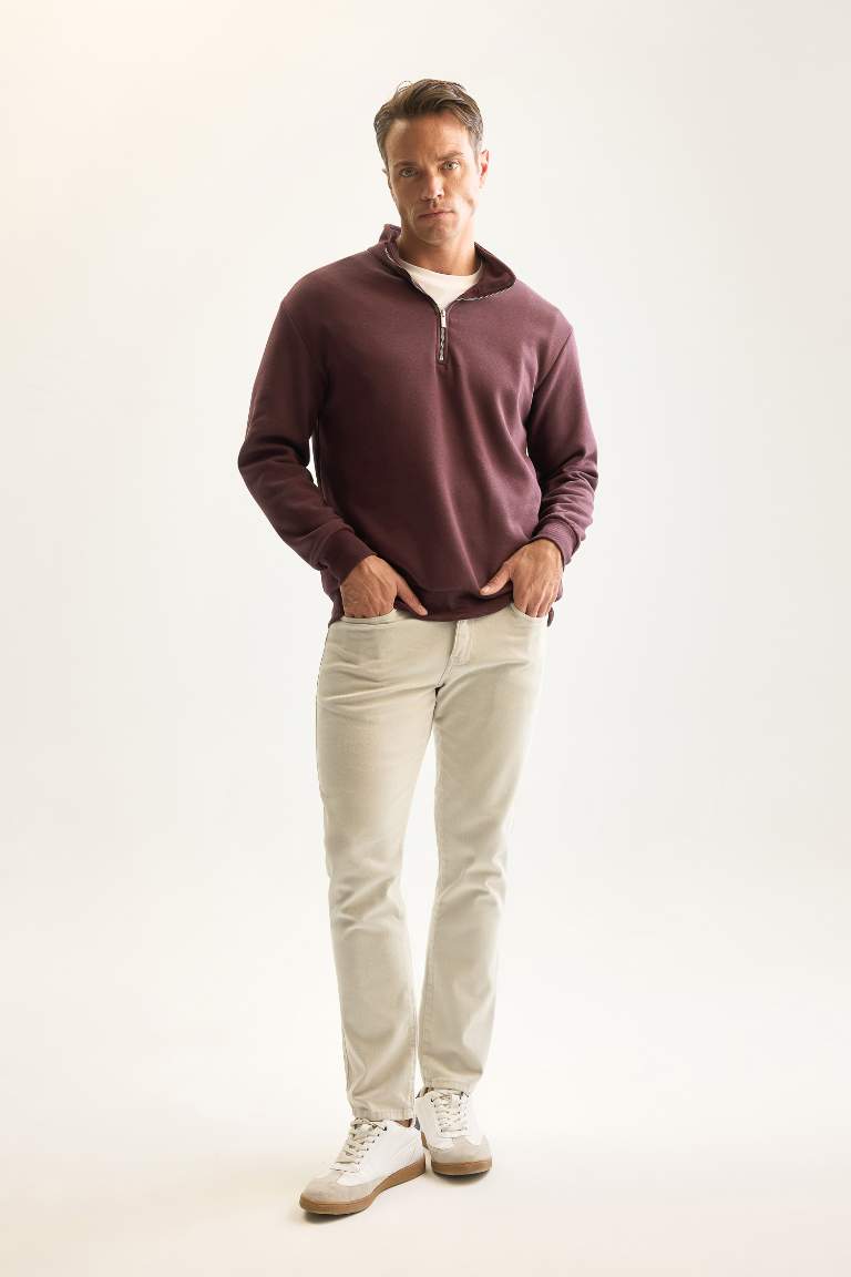 3 İplik Pamuklu Şardonlu İçi Polarlı Comfort Regular Fit Rahat Kalıp Dik Yaka Fermuarlı Kalın Sweatshirt