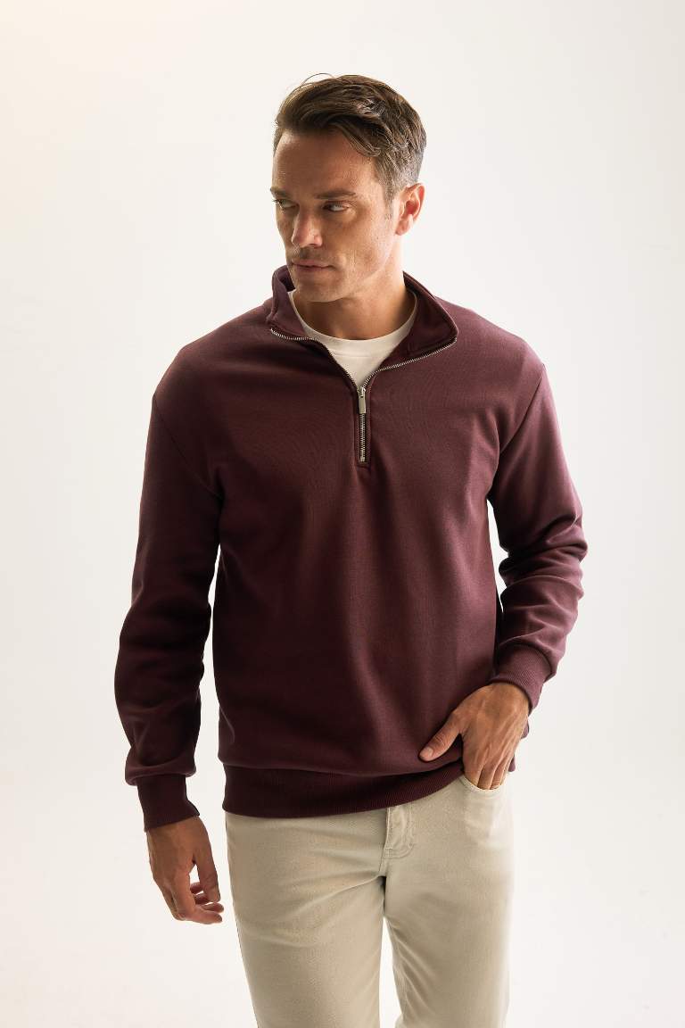 3 İplik Pamuklu Şardonlu İçi Polarlı Comfort Regular Fit Rahat Kalıp Dik Yaka Fermuarlı Kalın Sweatshirt
