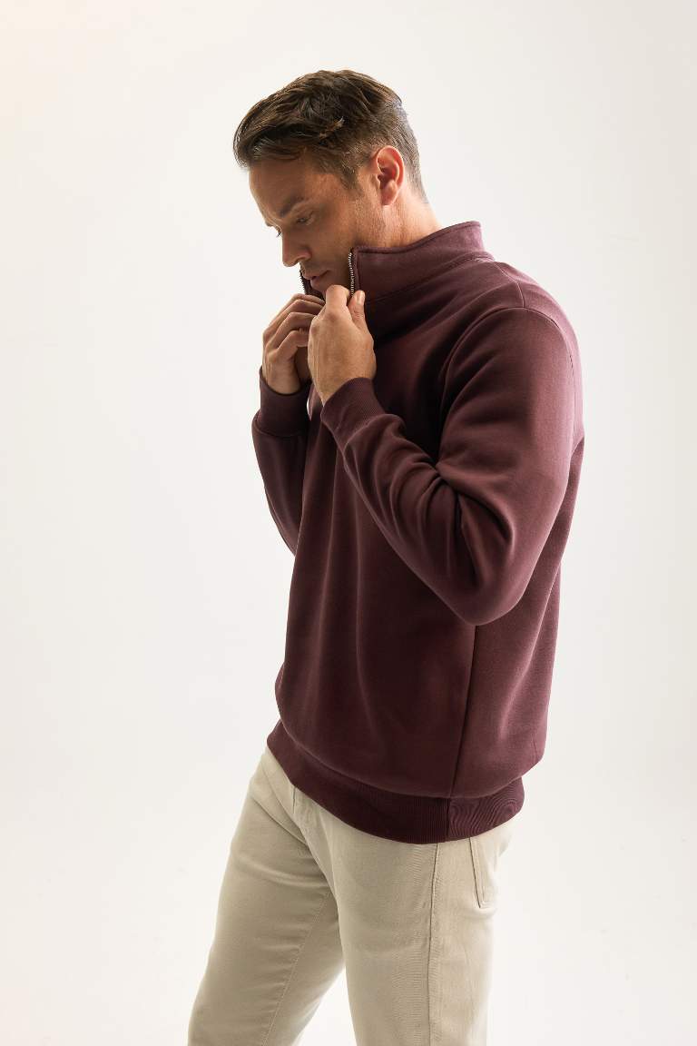 3 İplik Pamuklu Şardonlu İçi Polarlı Comfort Regular Fit Rahat Kalıp Dik Yaka Fermuarlı Kalın Sweatshirt
