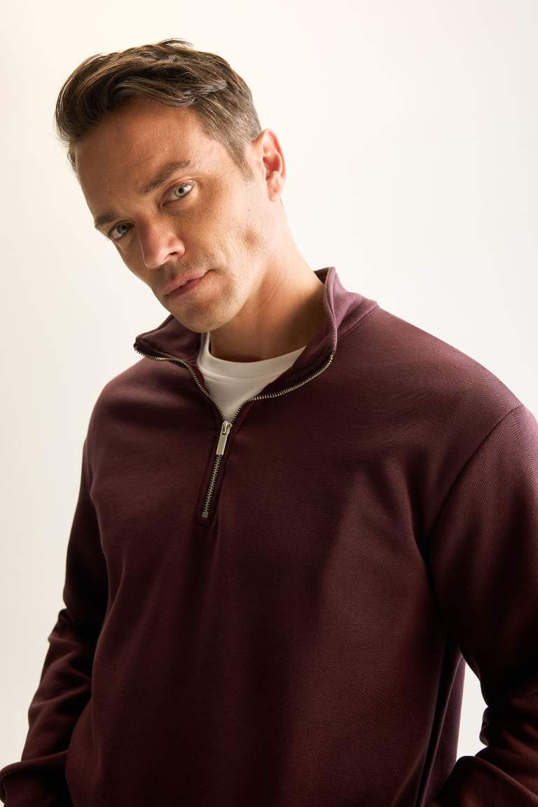 3 İplik Pamuklu Şardonlu İçi Polarlı Comfort Regular Fit Rahat Kalıp Dik Yaka Fermuarlı Kalın Sweatshirt