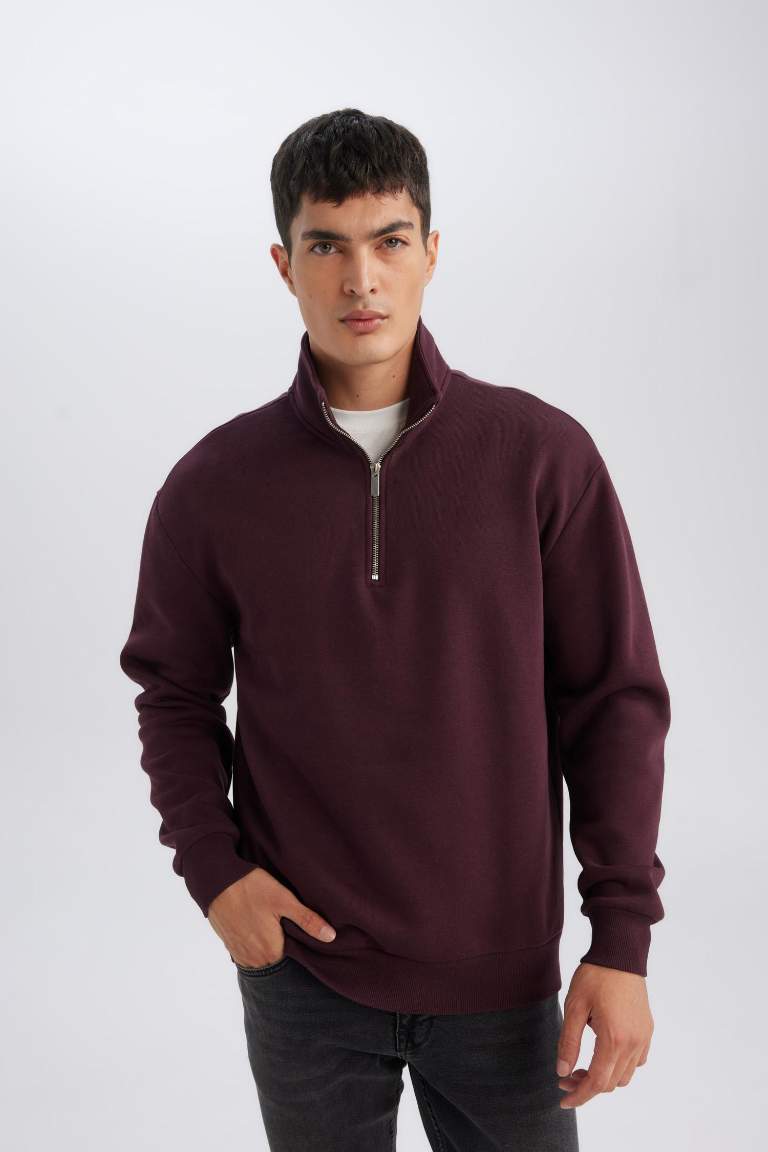 3 İplik Pamuklu Şardonlu İçi Polarlı Comfort Regular Fit Rahat Kalıp Dik Yaka Fermuarlı Kalın Sweatshirt