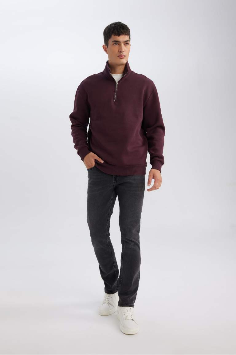 3 İplik Pamuklu Şardonlu İçi Polarlı Comfort Regular Fit Rahat Kalıp Dik Yaka Fermuarlı Kalın Sweatshirt