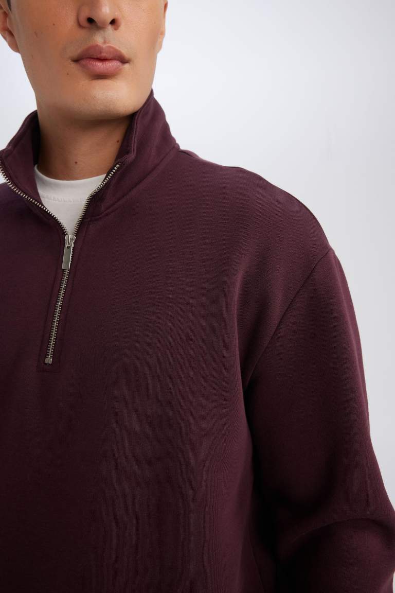 3 İplik Pamuklu Şardonlu İçi Polarlı Comfort Regular Fit Rahat Kalıp Dik Yaka Fermuarlı Kalın Sweatshirt