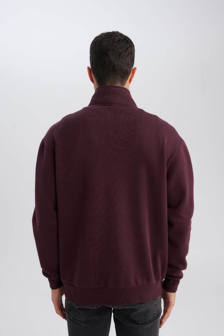 3 İplik Pamuklu Şardonlu İçi Polarlı Comfort Regular Fit Rahat Kalıp Dik Yaka Fermuarlı Kalın Sweatshirt