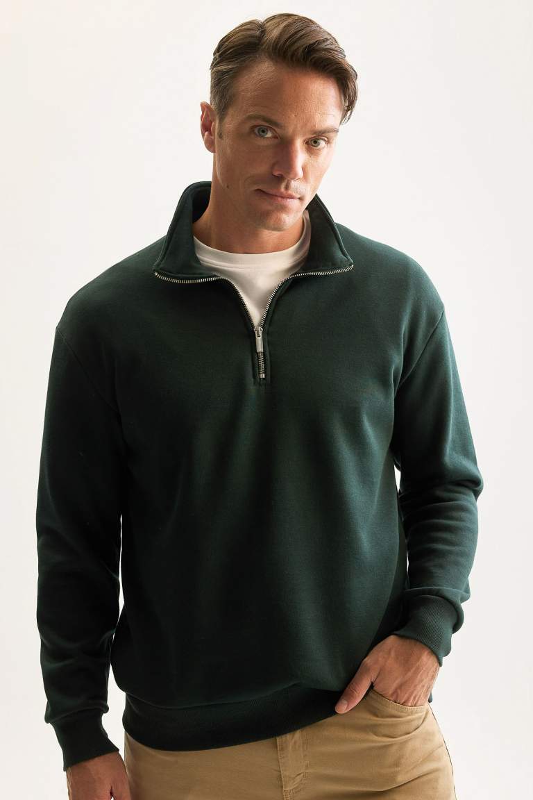 3 İplik Pamuklu Şardonlu İçi Polarlı Comfort Regular Fit Rahat Kalıp Dik Yaka Fermuarlı Kalın Sweatshirt