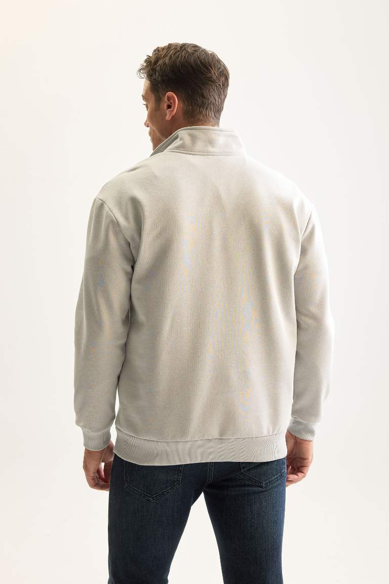 Gri 3 İplik Pamuklu Şardonlu İçi Polarlı Comfort Regular Fit Rahat Kalıp Dik Yaka Fermuarlı Kalın Sweatshirt