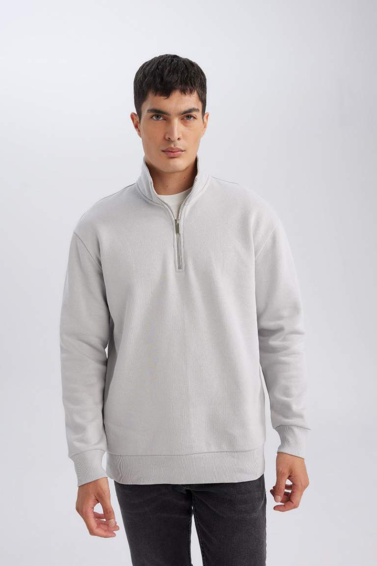 Gri 3 İplik Pamuklu Şardonlu İçi Polarlı Comfort Regular Fit Rahat Kalıp Dik Yaka Fermuarlı Kalın Sweatshirt