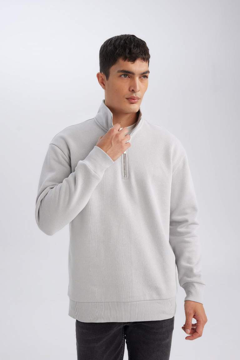 Gri 3 İplik Pamuklu Şardonlu İçi Polarlı Comfort Regular Fit Rahat Kalıp Dik Yaka Fermuarlı Kalın Sweatshirt