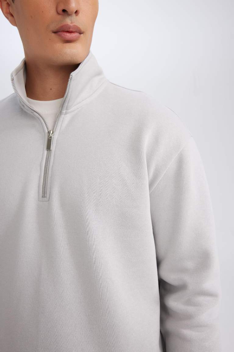 Gri 3 İplik Pamuklu Şardonlu İçi Polarlı Comfort Regular Fit Rahat Kalıp Dik Yaka Fermuarlı Kalın Sweatshirt