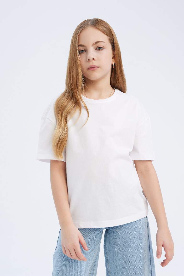 Girl Relax Fit Crew Neck Basic Short Sleeve T-Shirt