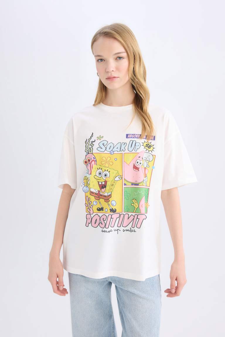 Oversize Fit SpongeBob Licensed Crew Neck Printed Short Sleeve T-Shirt