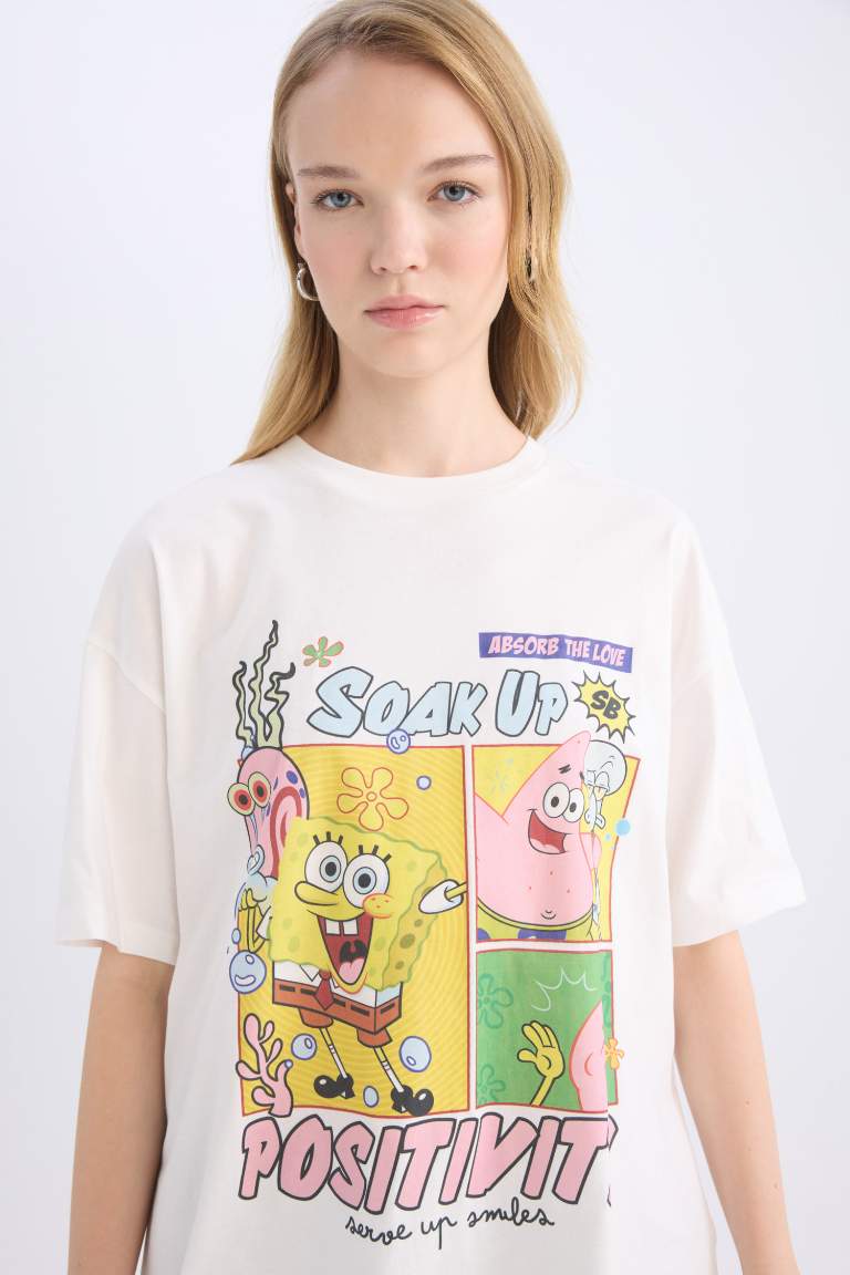 Oversize Fit SpongeBob Licensed Crew Neck Printed Short Sleeve T-Shirt