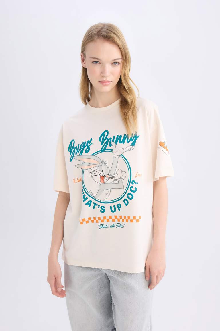 T-shirt oversize imprimé Looney Tunes à col rond et manches courtes