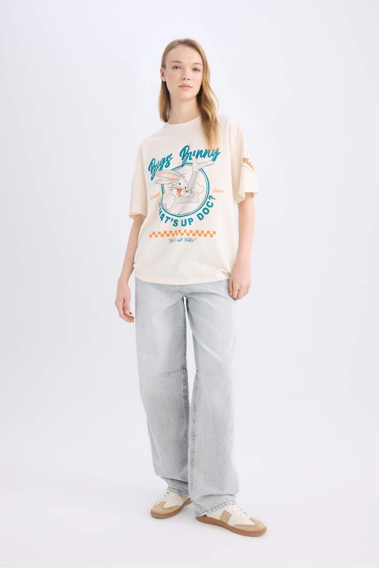 T-shirt oversize imprimé Looney Tunes à col rond et manches courtes