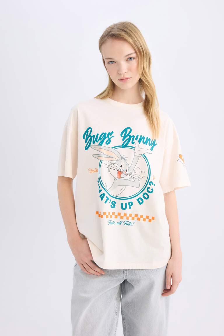 T-shirt oversize imprimé Looney Tunes à col rond et manches courtes