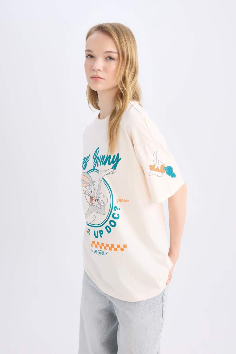 T-shirt oversize imprimé Looney Tunes à col rond et manches courtes