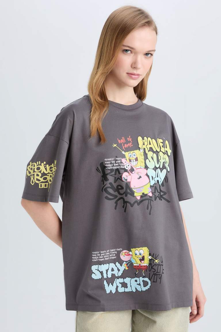 Oversize Fit SpongeBob Licensed Crew Neck Printed Short Sleeve T-Shirt