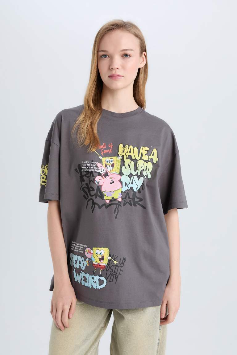 Oversize Fit SpongeBob Licensed Crew Neck Printed Short Sleeve T-Shirt