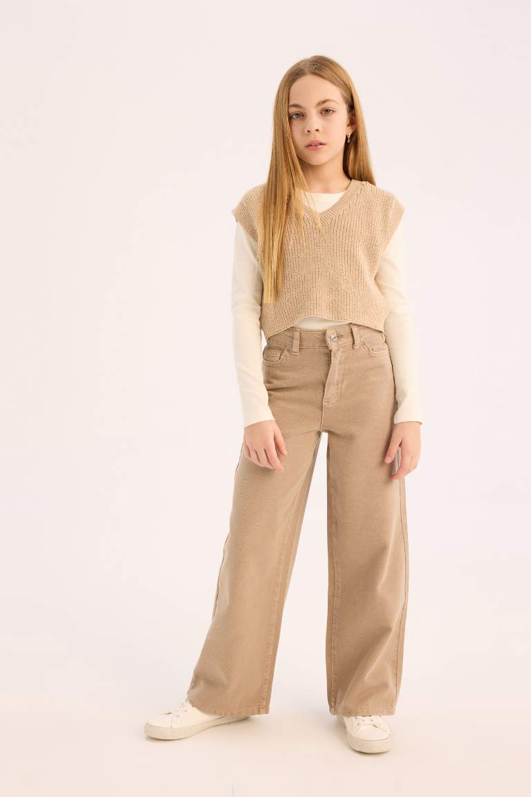 Girl Wide Leg Cotton Cargo Jeans