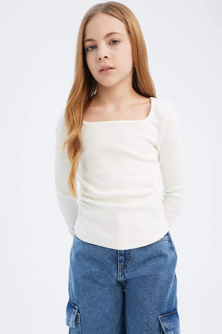 Girl Slim Fit Crew Neck Corduroy Long Sleeve T-Shirt