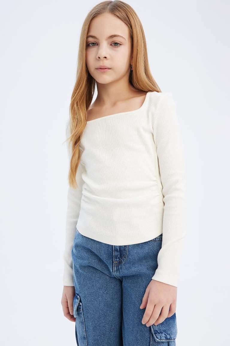 Girl Slim Fit Crew Neck Corduroy Long Sleeve T-Shirt