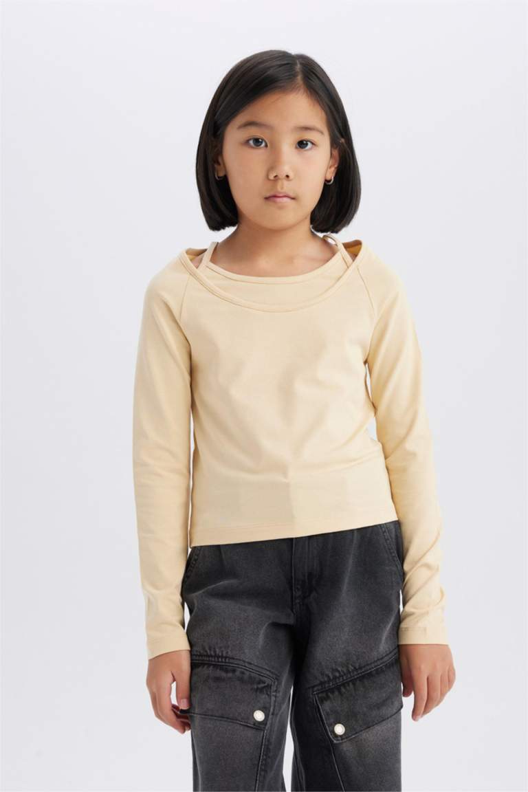 تيشيرت بناتي كم طويل مضلع سليم فيت