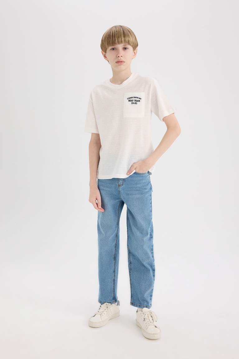 Boy Crew Neck Embroidered Pocket Printed T-Shirt