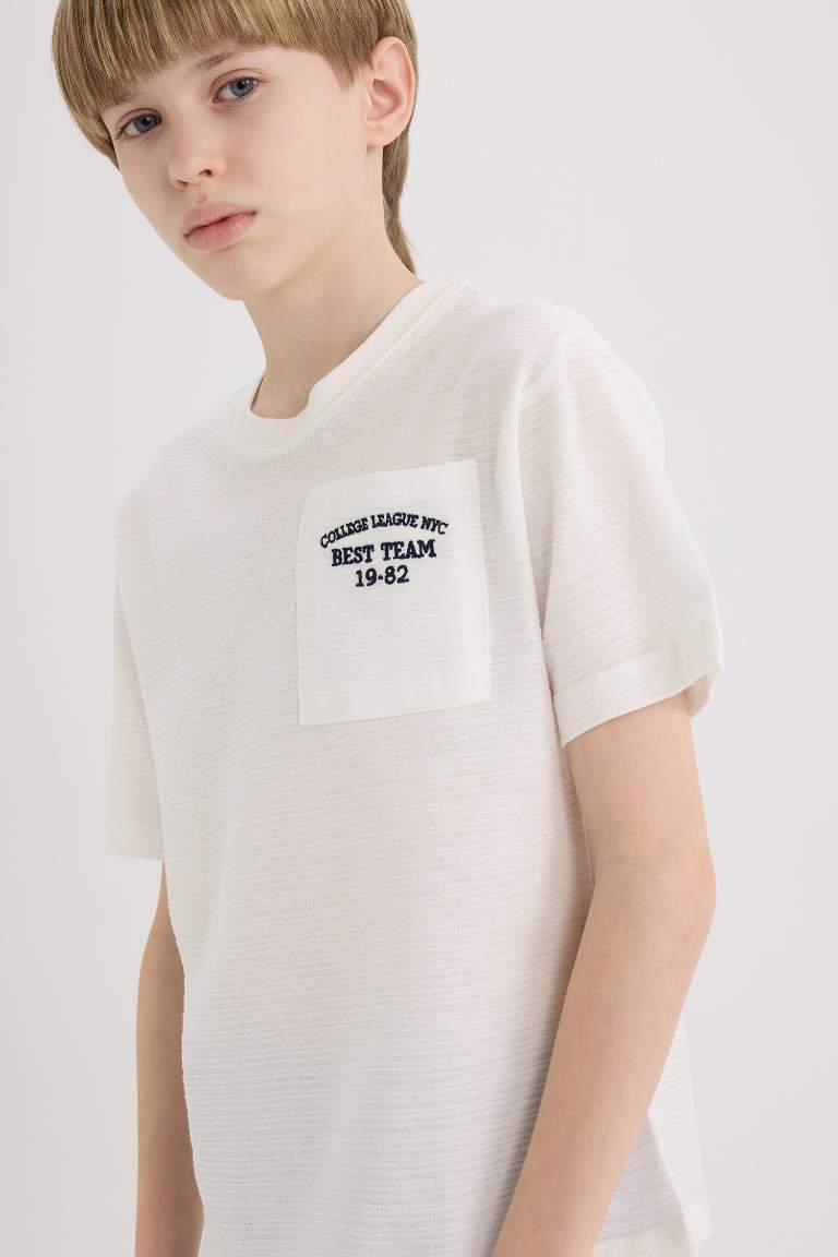 Boy Crew Neck Embroidered Pocket Printed T-Shirt