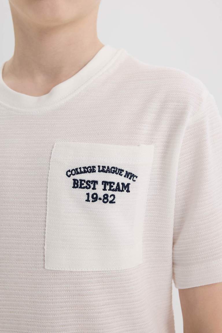 Boy Crew Neck Embroidered Pocket Printed T-Shirt