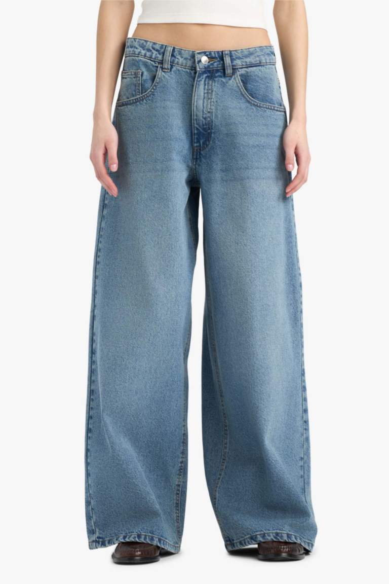Palazzo High Waist Straight Leg Long Washed Jeans