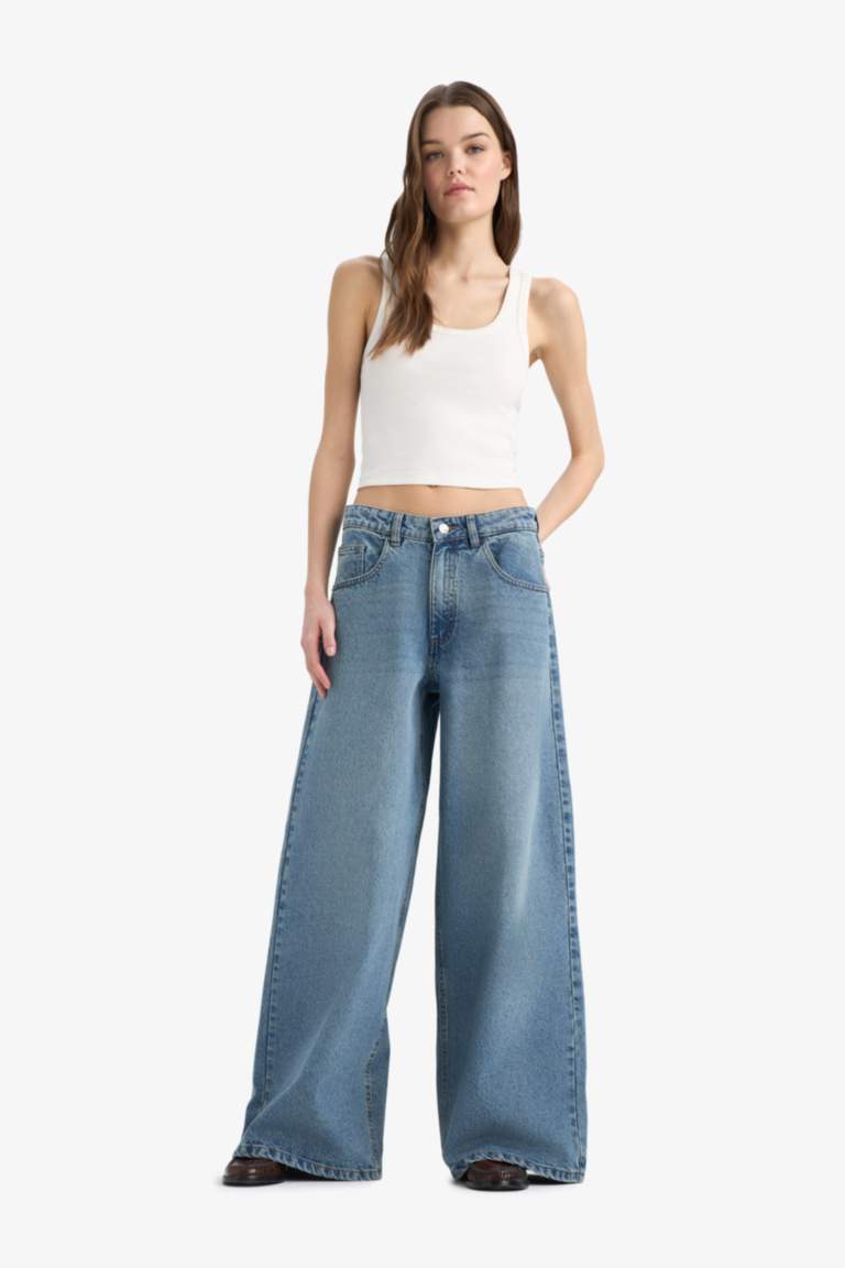 Palazzo High Waist Straight Leg Long Washed Jeans