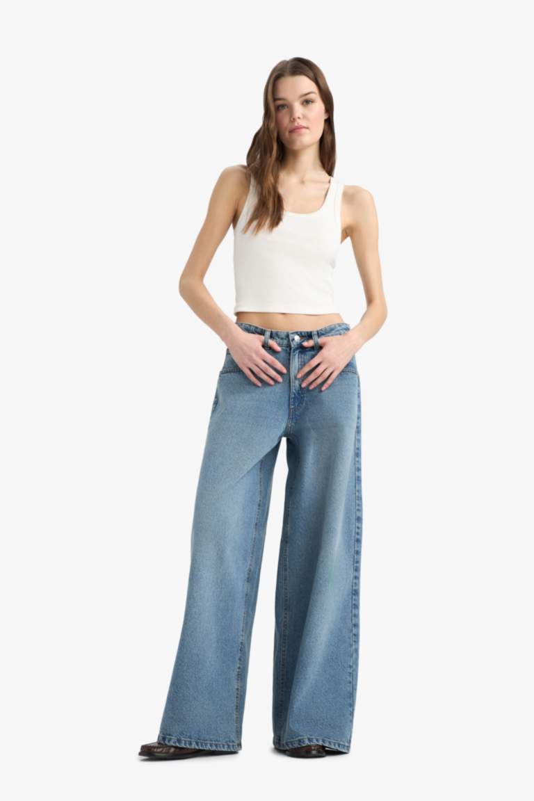Palazzo High Waist Straight Leg Long Washed Jeans