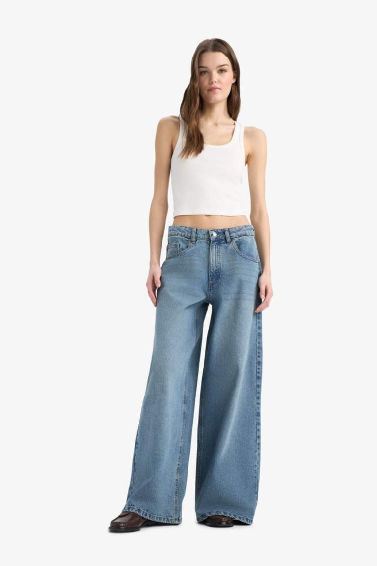 Palazzo High Waist Straight Leg Long Washed Jeans