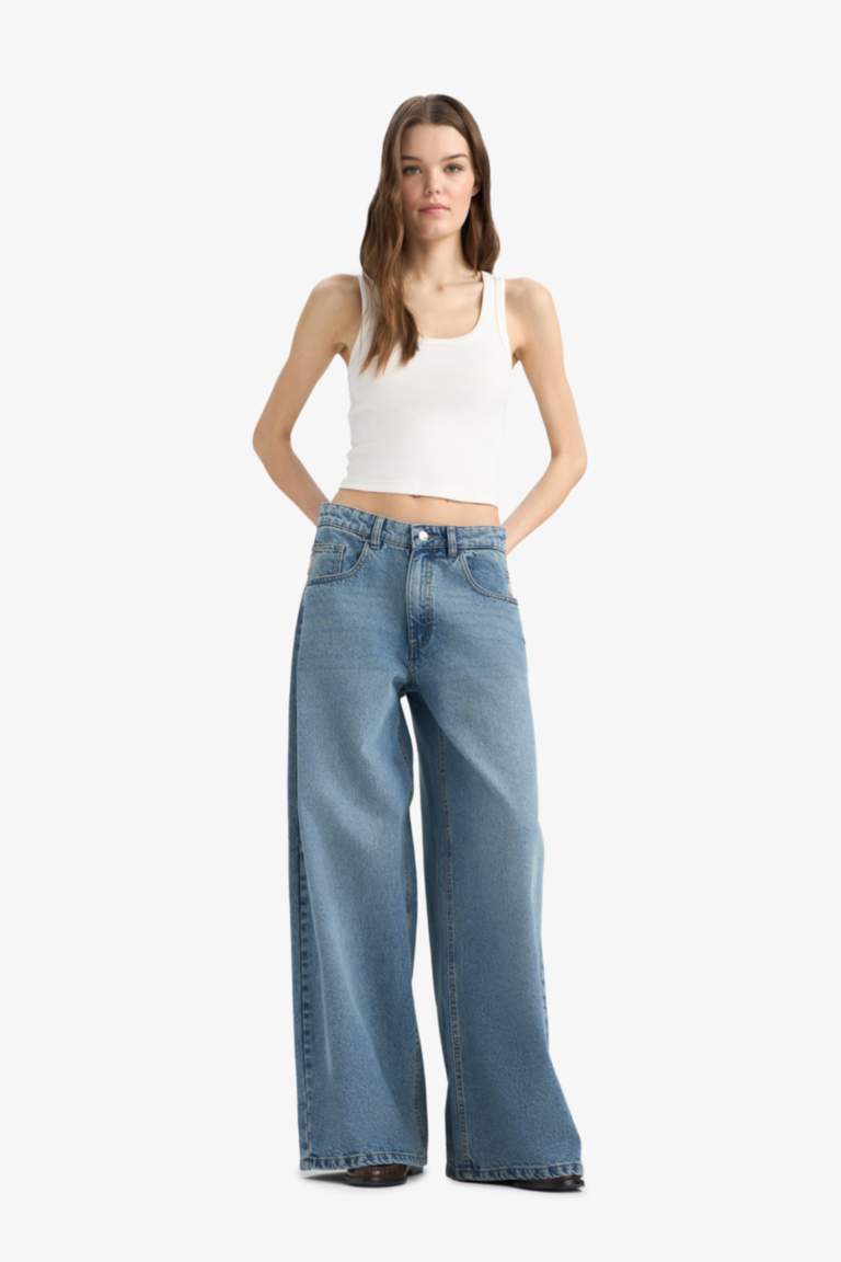 Palazzo High Waist Straight Leg Long Washed Jeans