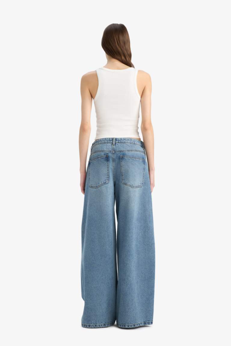 Palazzo High Waist Straight Leg Long Washed Jeans