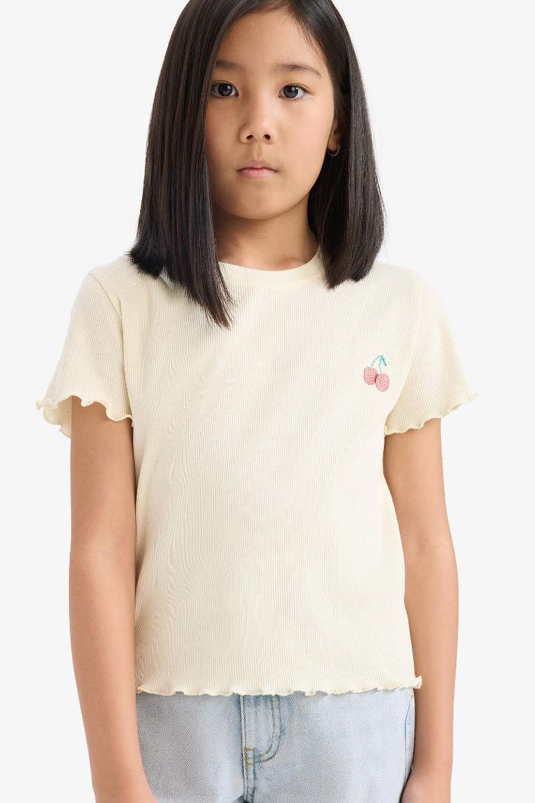 Kız Çocuk Slim Fit Dar Kesim Bisiklet Yaka Baskılı Fitilli Kaşkorse Kısa Kollu Tişört