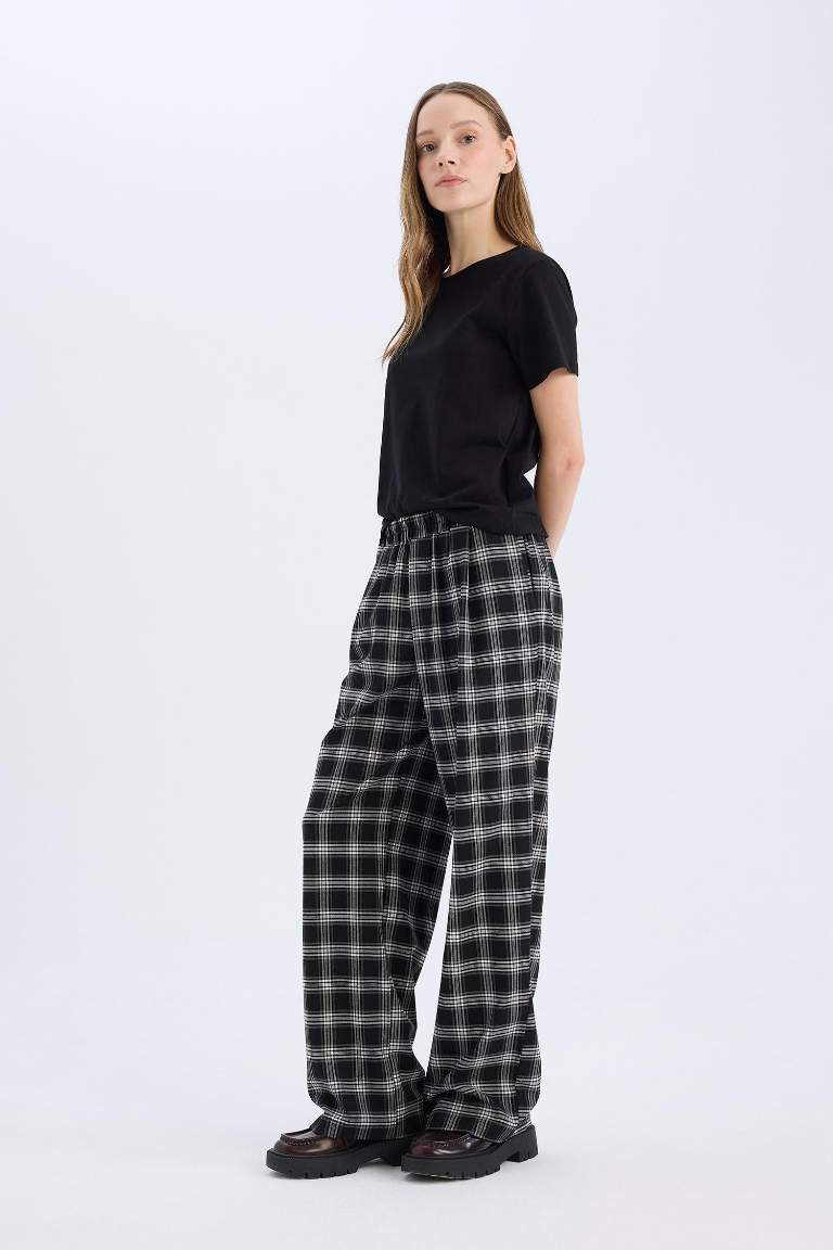 Wide Leg Kumaş Pijama Pantolon Geniş Bol Paça Kareli Normal Bel Lastikli Cepli